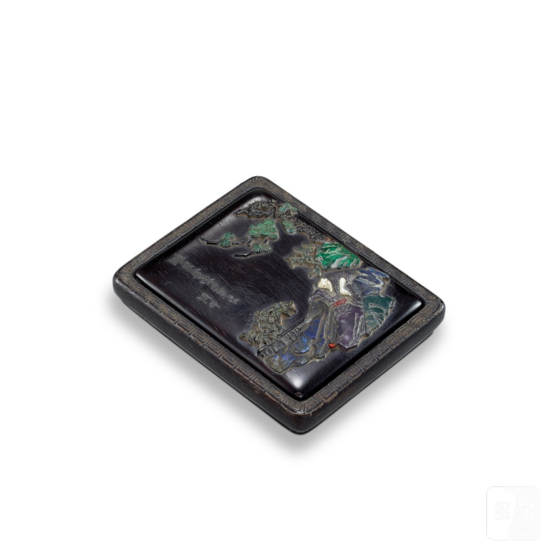 A silver and hardstone-inlaid zitan 'scholar' ink box and cover, Qing dynasty | 清 紫檀錯銀嵌寶蓋硯
